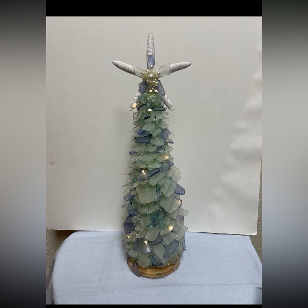 Homemade Seaglass Lighted Tree with Starfish & Pearls at Top
